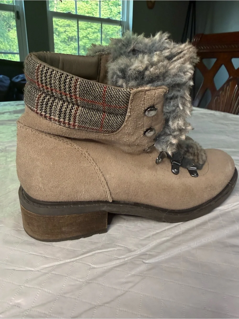 Sam Edelman Taupe Suede Lace-Up Fur Trim Boots